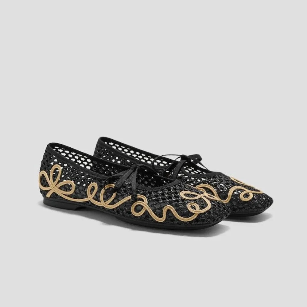 VIVAIA Makayla Black Natural Mesh Embroidered Square Toe Flats EU 39.5 US 8.5